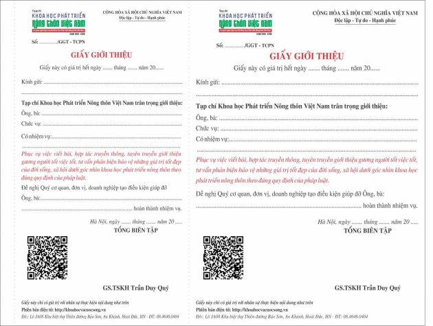 Giấy giới thiệu của Tạp chí Khoa học Phát triển Nông thôn Việt Nam